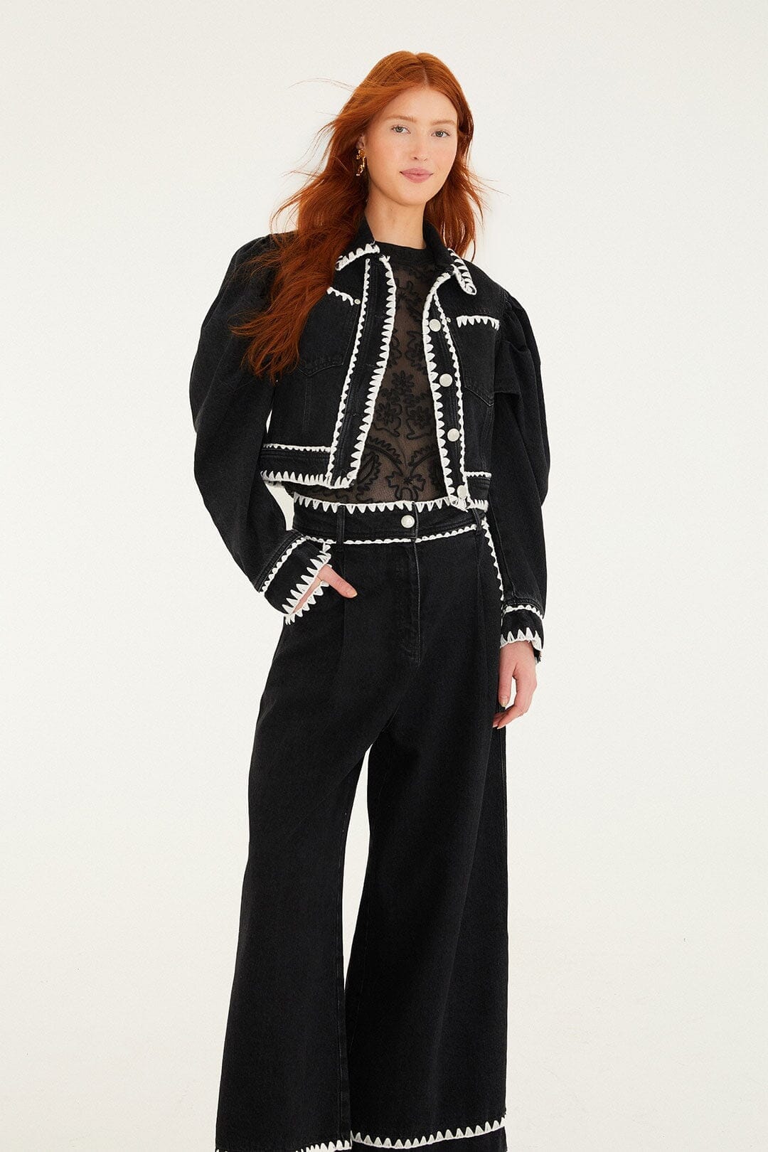 Black Crochet Embroidery Wide-Leg Denim Pants